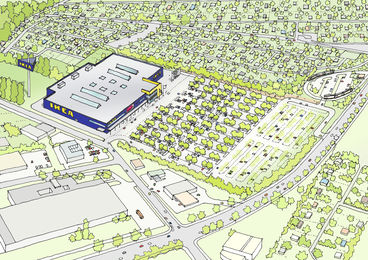 Ansicht Neubau IKEA mit Parkplatz