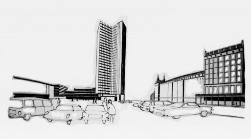 Bild vergrößern: Zentraler Platz mit Hochhaus des Schwermaschinenbaus (Entwurfszeichnung, Juli 1968)