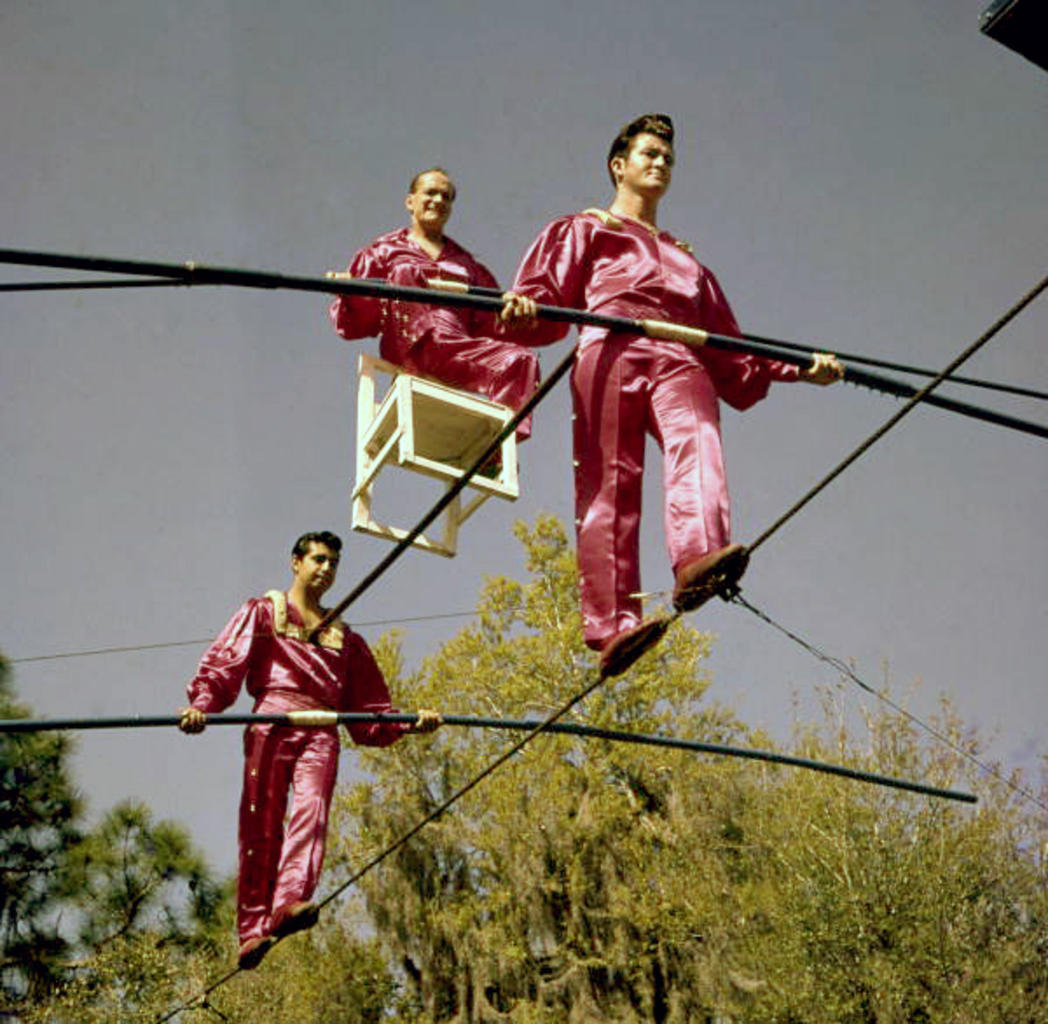 Flying Wallendas daredevil circus act during practice in Sarasota, Florida. © Joseph Janney Steinmetz