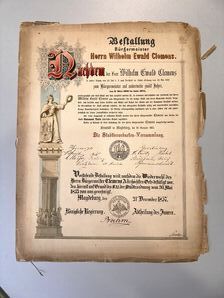 Bestallungsurkunde fr den Brgermeister der Neustadt Magdeburg Wilhelm Ewald Clemens, 1857